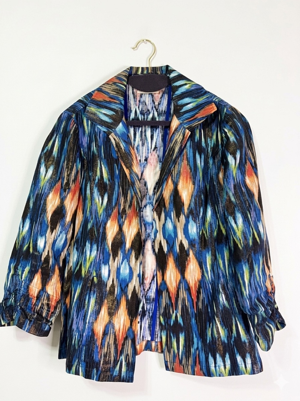 Chico’s Linen Cotton Ikat Metallic Shimmer Blazer Jacket Blue Orange Size 0 XS